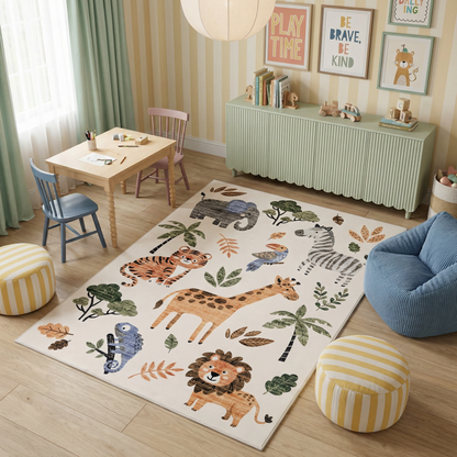 Jungle Safari Animals Wildlife Beige Kids Area Rug