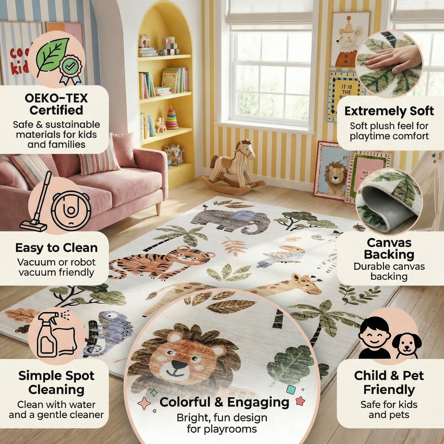 Jungle Safari Animals Wildlife Beige Kids Area Rug