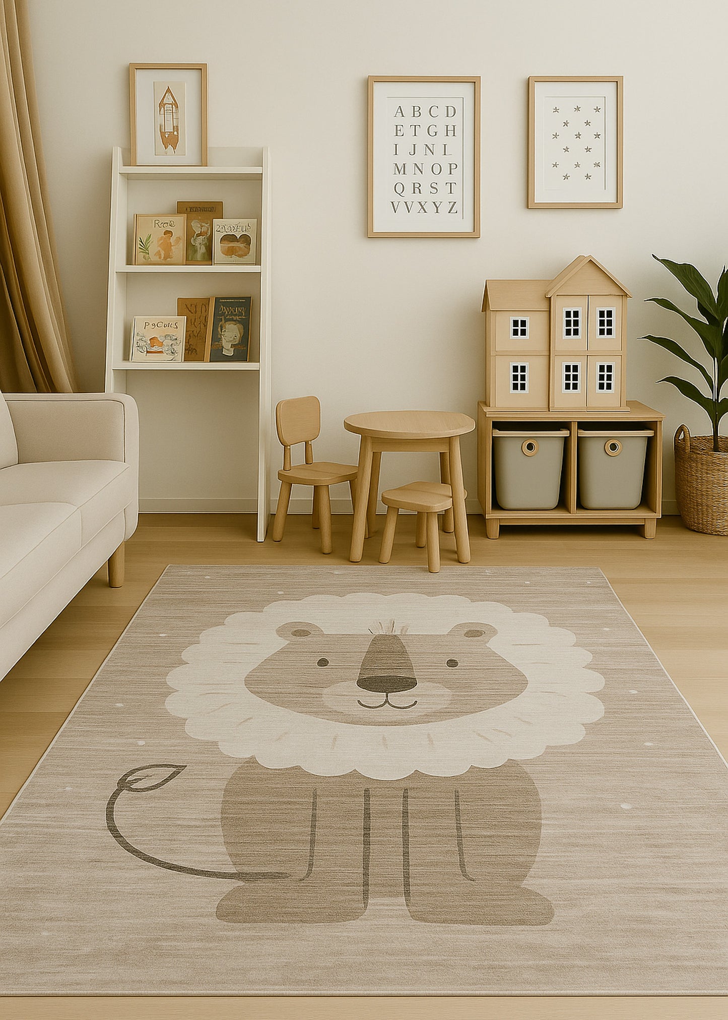 Soft Steps Playtime Lion, Cartoon Animals Playmat Neutral Beige Soft Rug