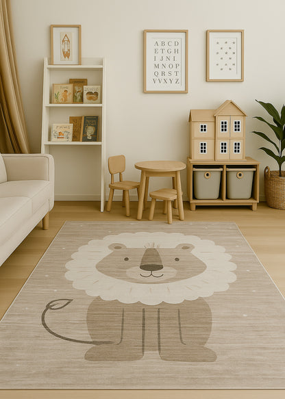 Soft Steps Playtime Lion, Cartoon Animals Playmat Neutral Beige Soft Rug