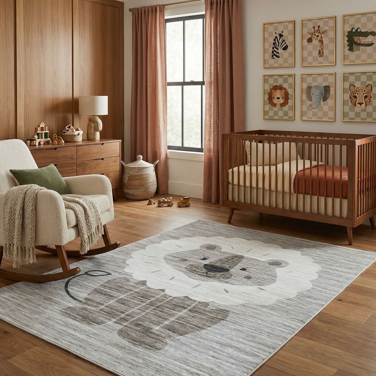 Leo Lion Cute Safari Animal Beige and Grey Kids Rug
