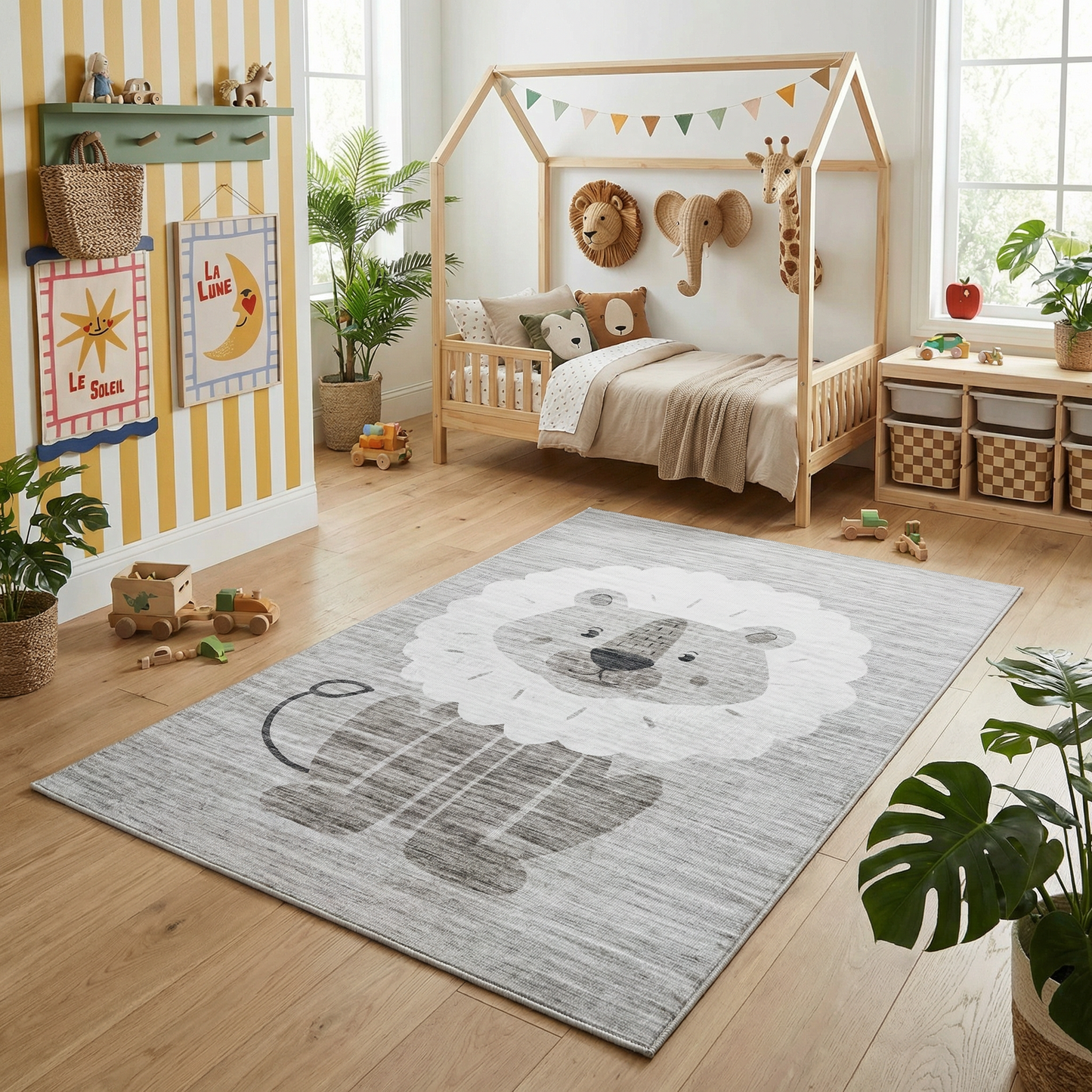 Alfombra de juego Soft Steps Playtime Lion, con animales de dibujos animados, color beige neutro y suave