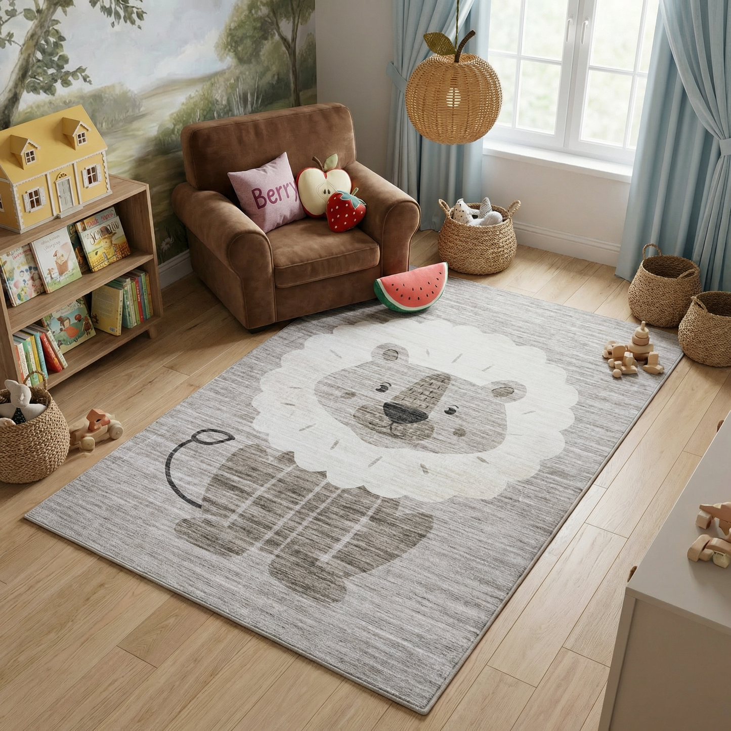 Alfombra de juego Soft Steps Playtime Lion, con animales de dibujos animados, color beige neutro y suave