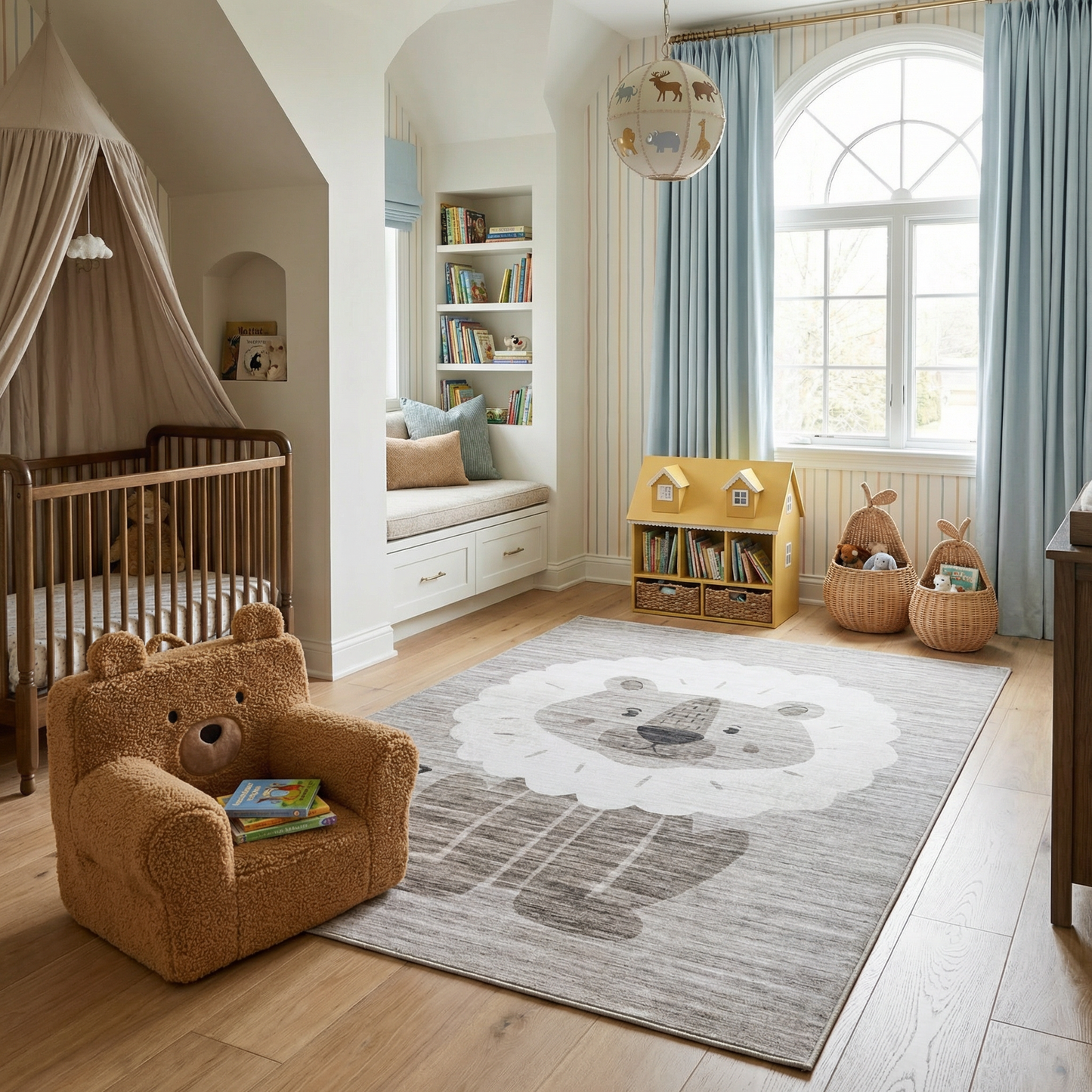 Alfombra de juego Soft Steps Playtime Lion, con animales de dibujos animados, color beige neutro y suave