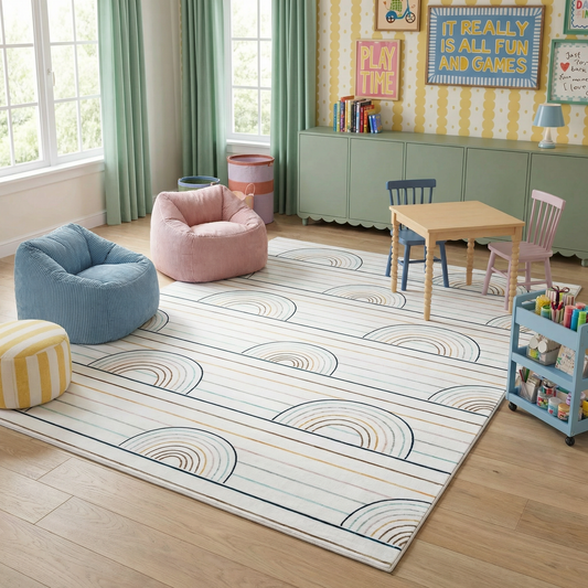 Lino Blue & Pink Rainbow Modern Kids Area Playtime Rug