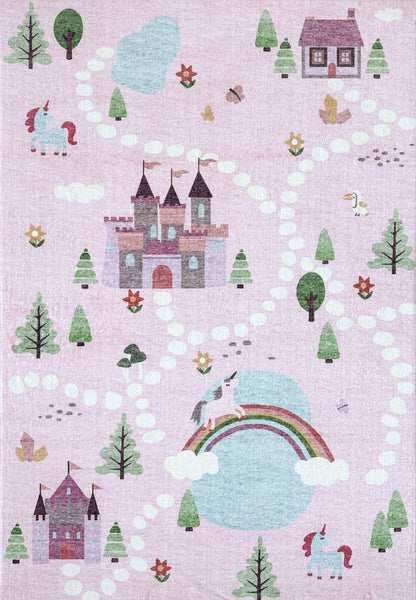 Everly Unicorn Castle Pink Fantasy Kids Area Rug