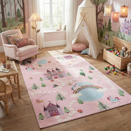 Tapete educativo rosa suave de Soft Steps con unicornios, castillo y mapa de carreteras