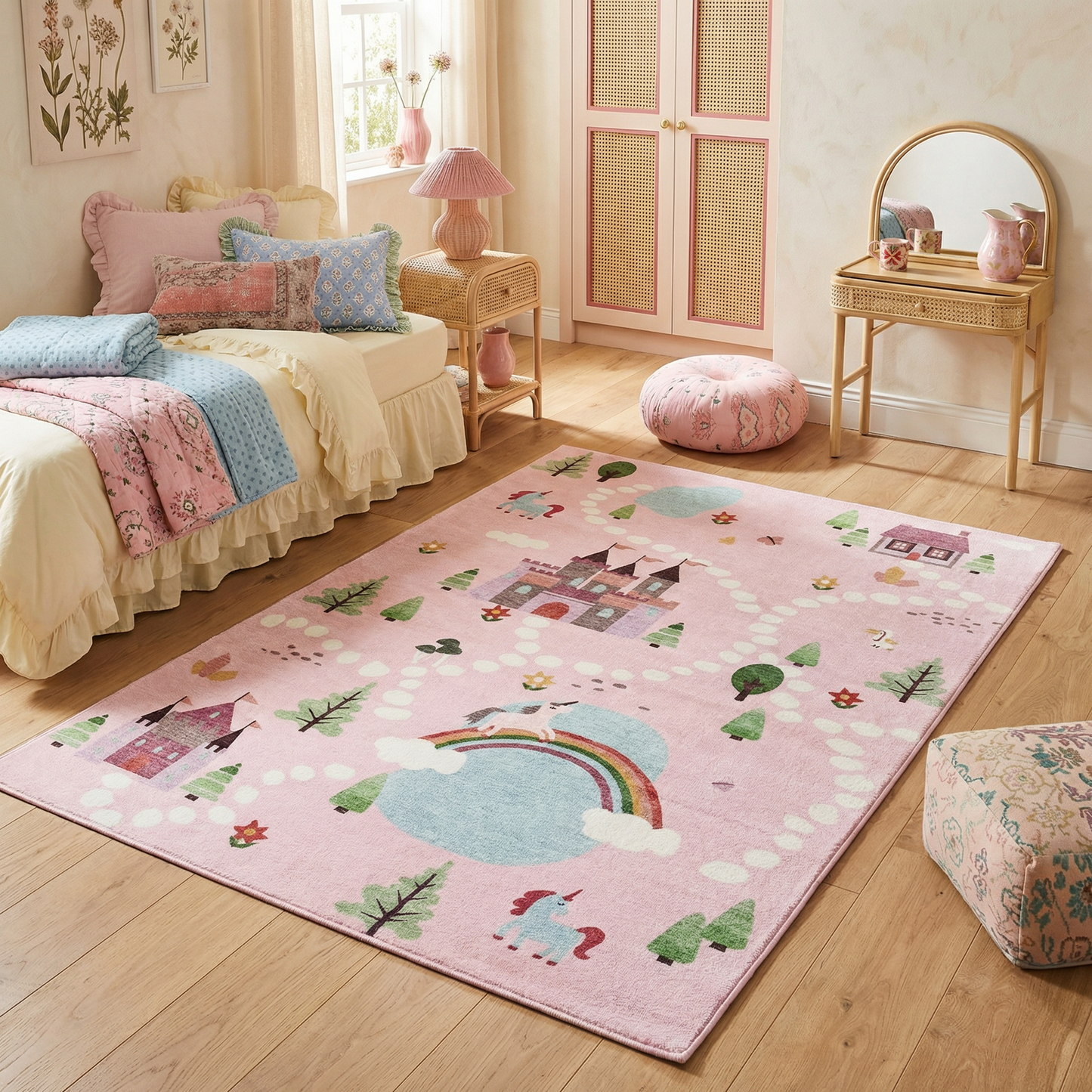 Everly Unicorn Castle Pink Fantasy Kids Area Rug
