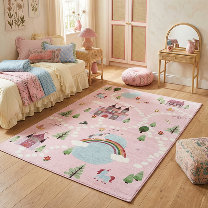 Everly Unicorn Castle Pink Fantasy Kids Area Rug