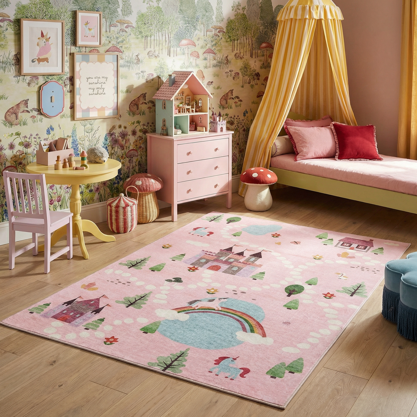 Everly Unicorn Castle Pink Fantasy Kids Area Rug