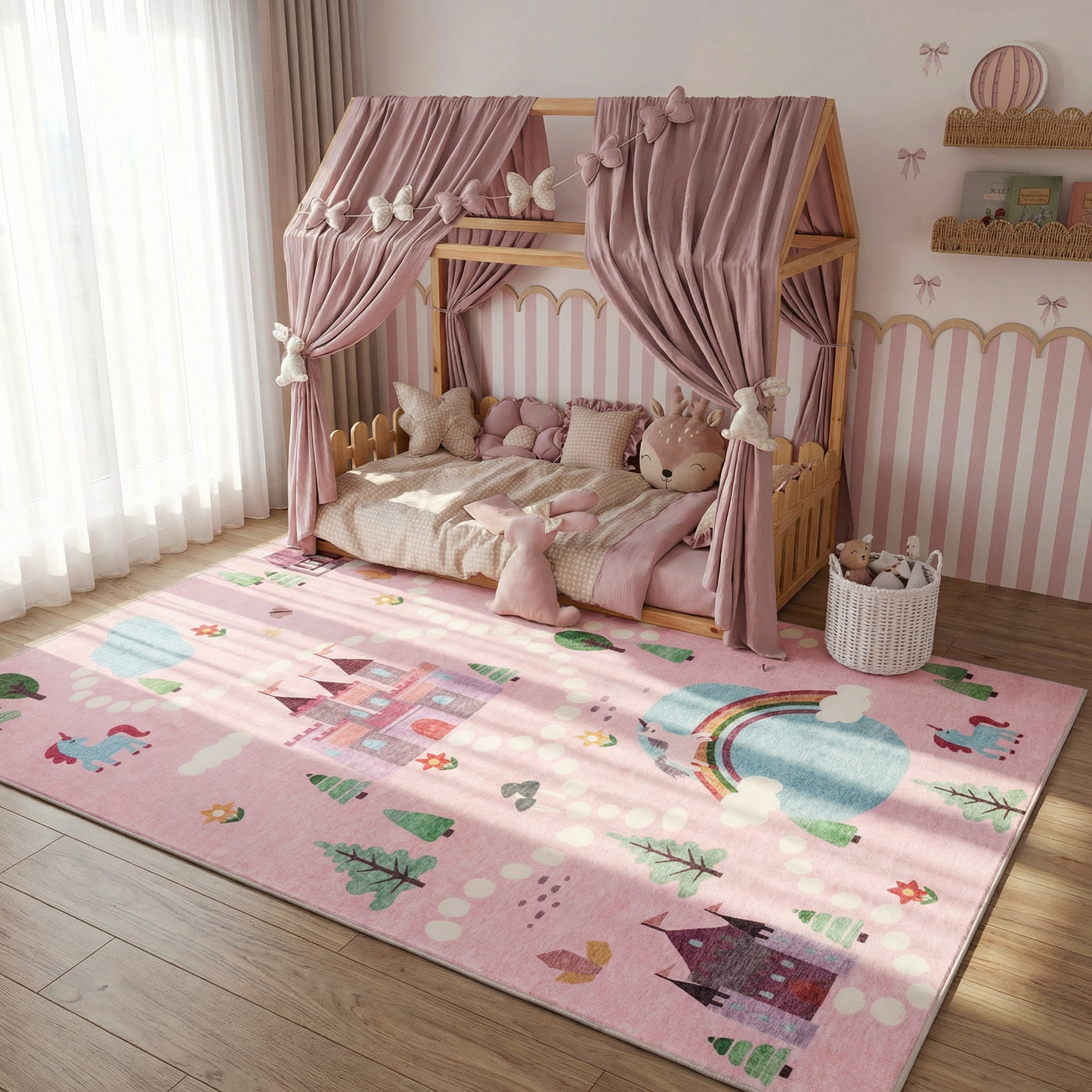 Everly Unicorn Castle Pink Fantasy Kids Area Rug