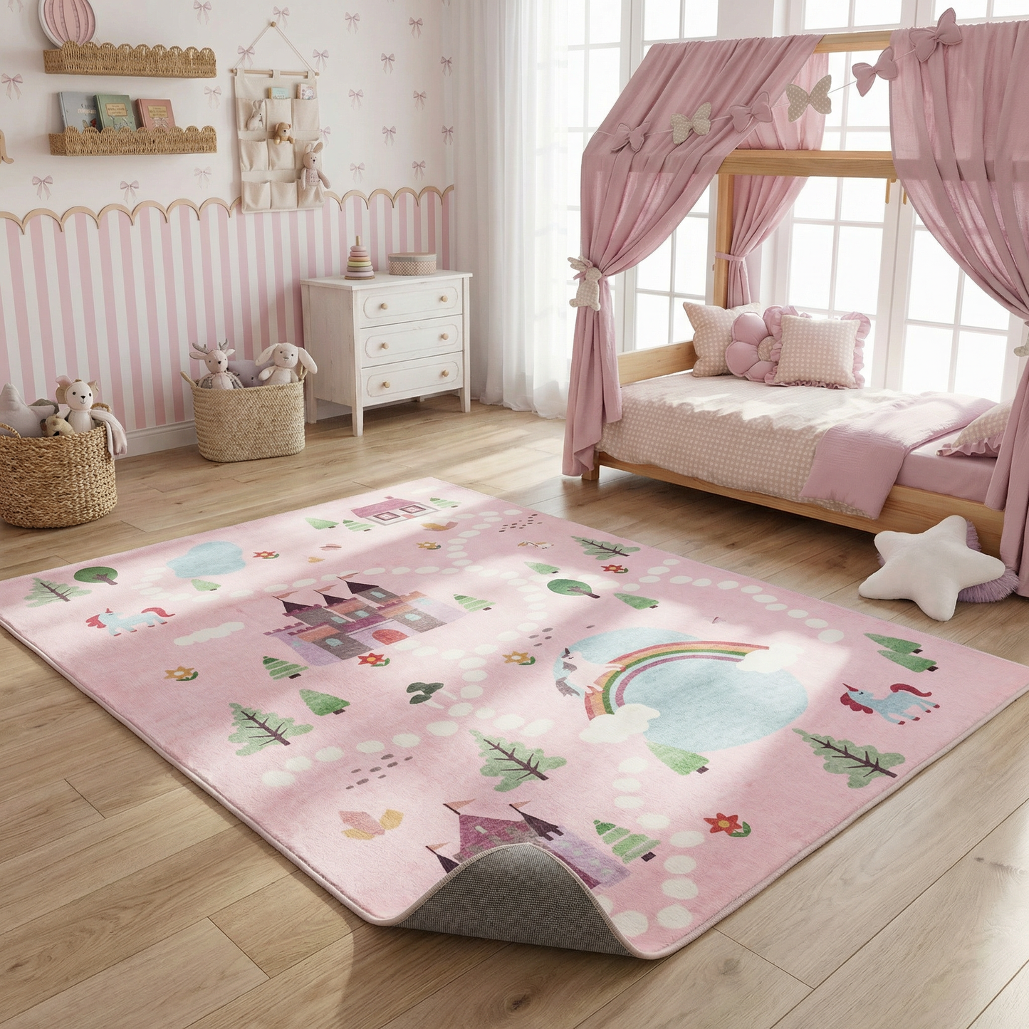 Everly Unicorn Castle Pink Fantasy Kids Area Rug