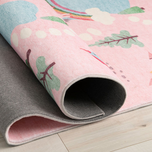 Tapete educativo rosa suave de Soft Steps con unicornios, castillo y mapa de carreteras