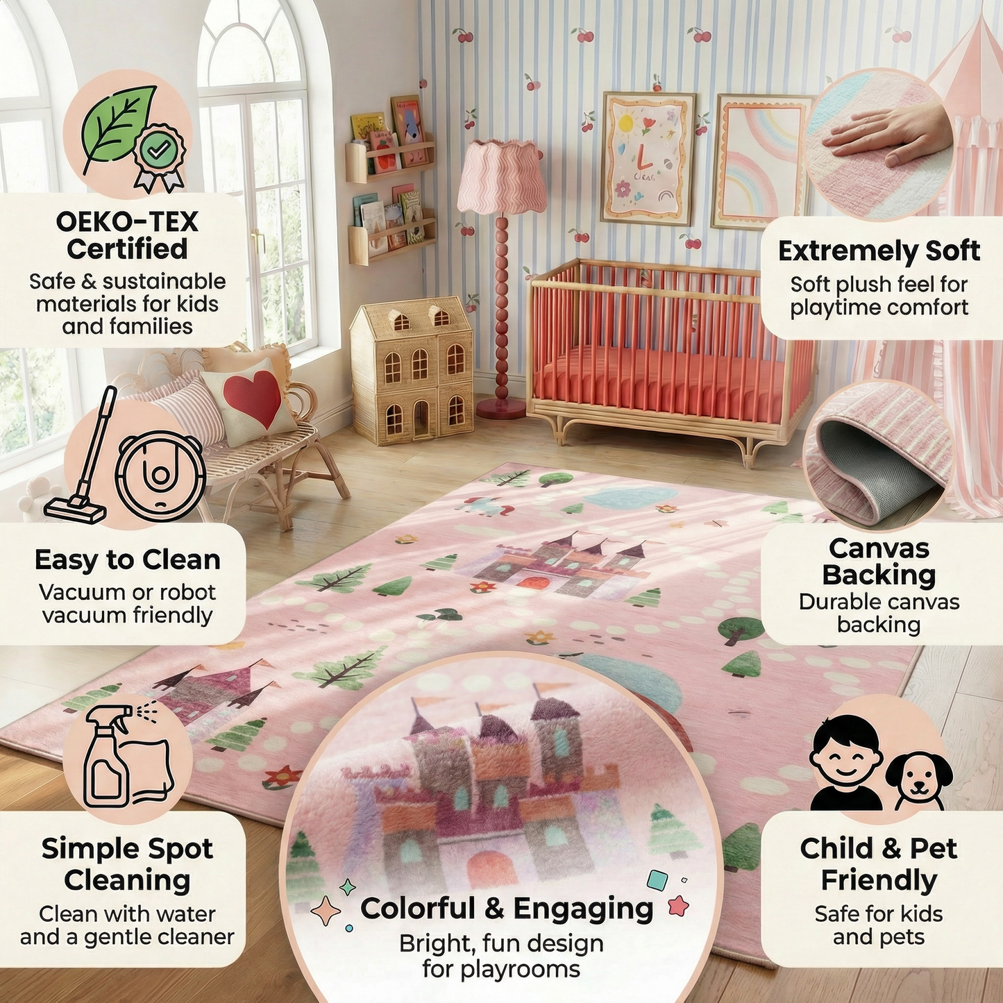 Everly Unicorn Castle Pink Fantasy Kids Area Rug
