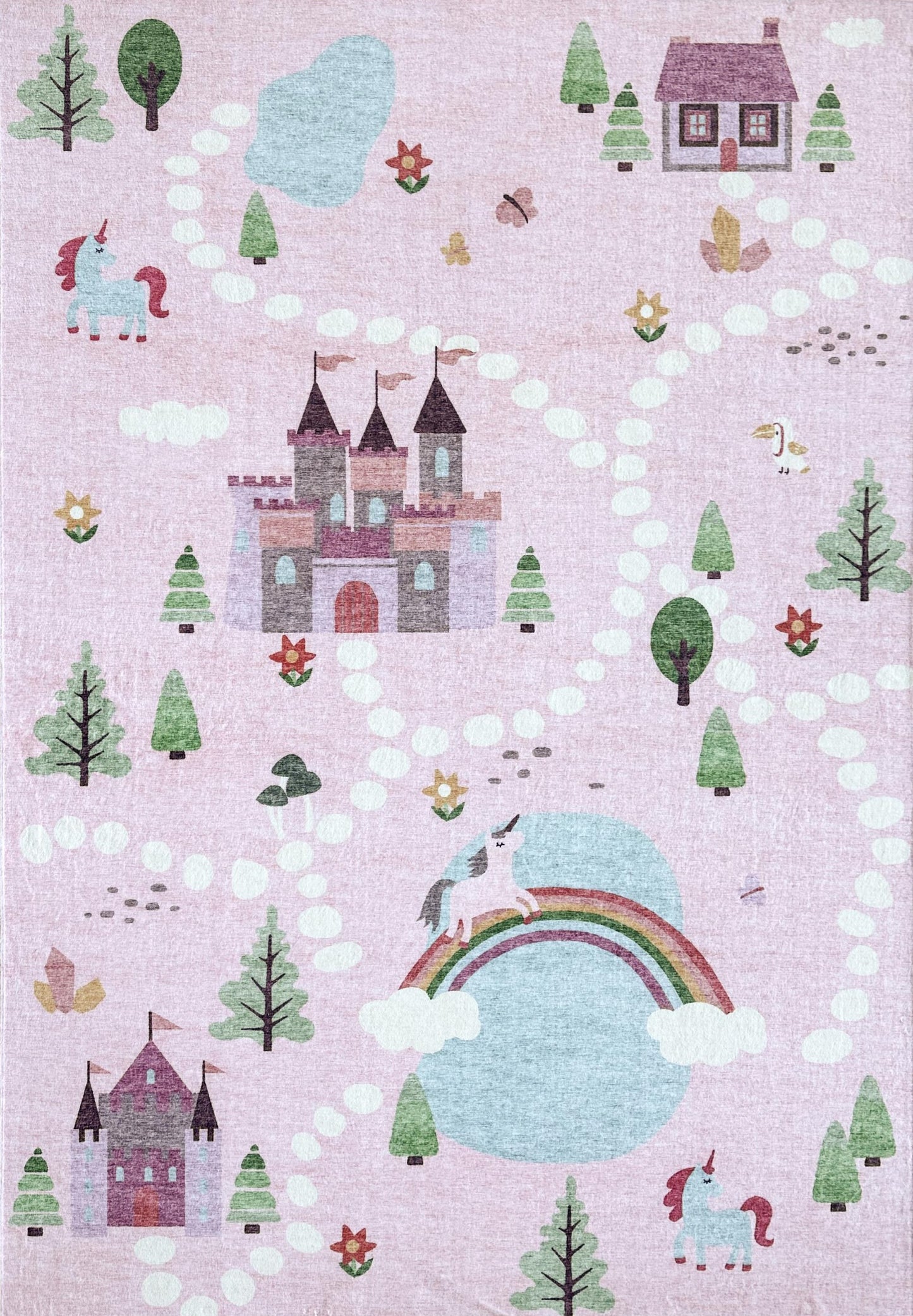 Tapete educativo rosa suave de Soft Steps con unicornios, castillo y mapa de carreteras