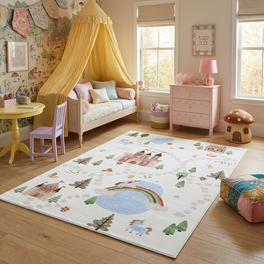 Everly Unicorn Castle White and Blue Fantasy Kids Area Rug