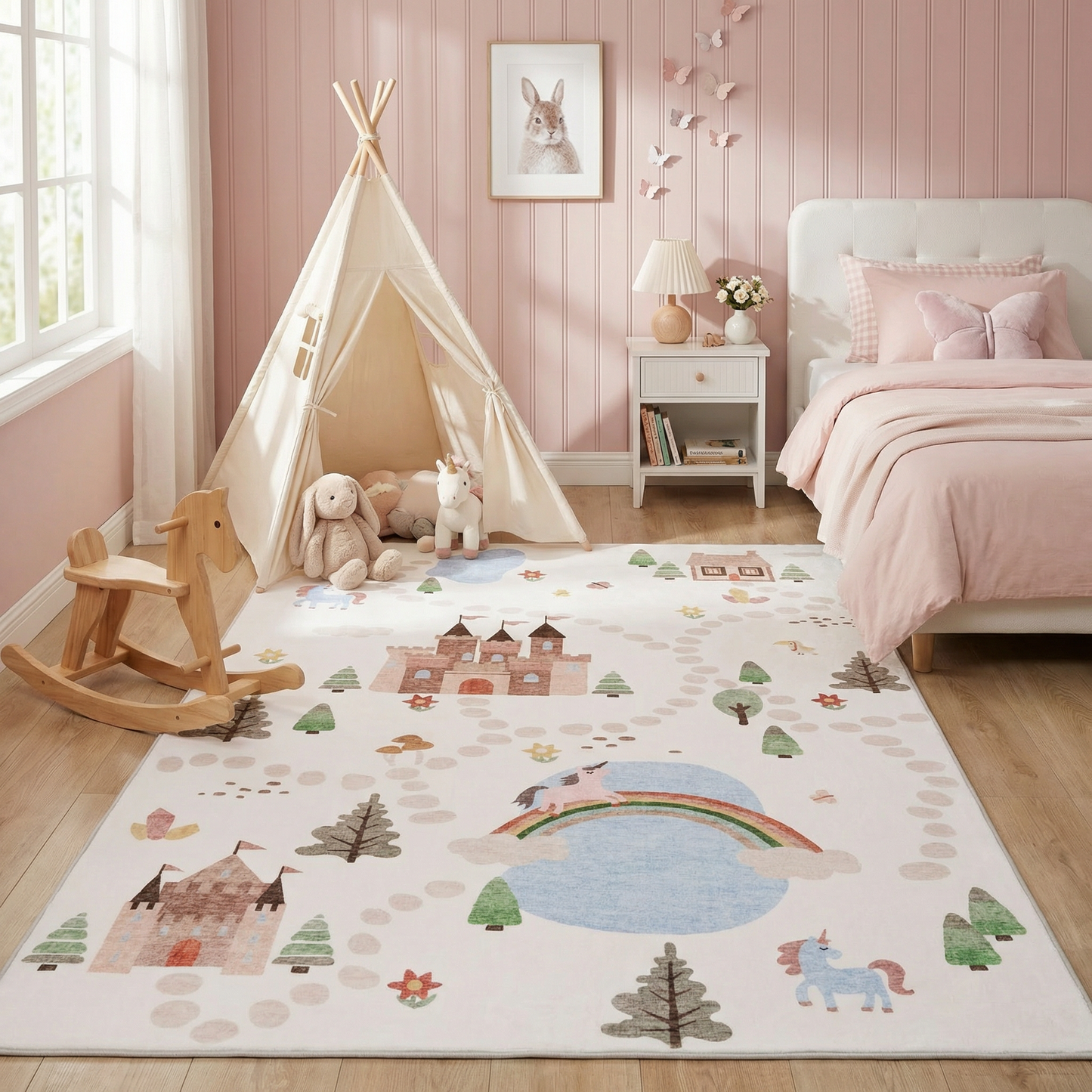 Everly Unicorn Castle White and Blue Fantasy Kids Area Rug