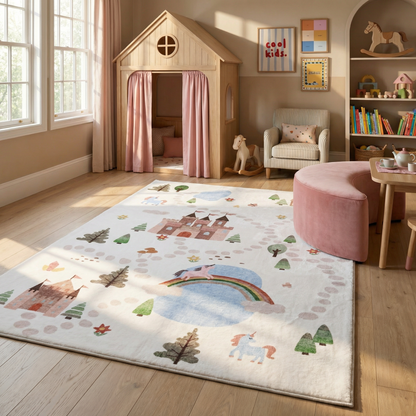Everly Unicorn Castle White and Blue Fantasy Kids Area Rug