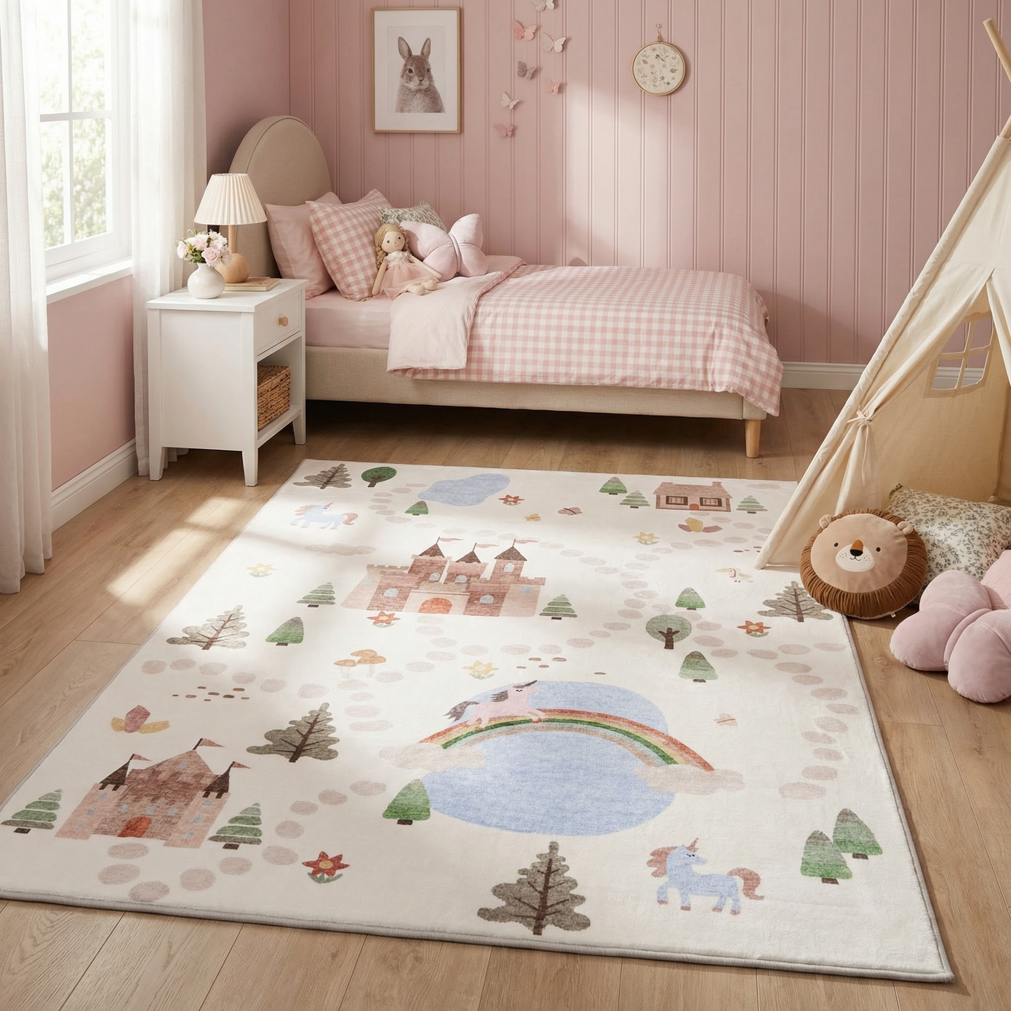 Everly Unicorn Castle White and Blue Fantasy Kids Area Rug