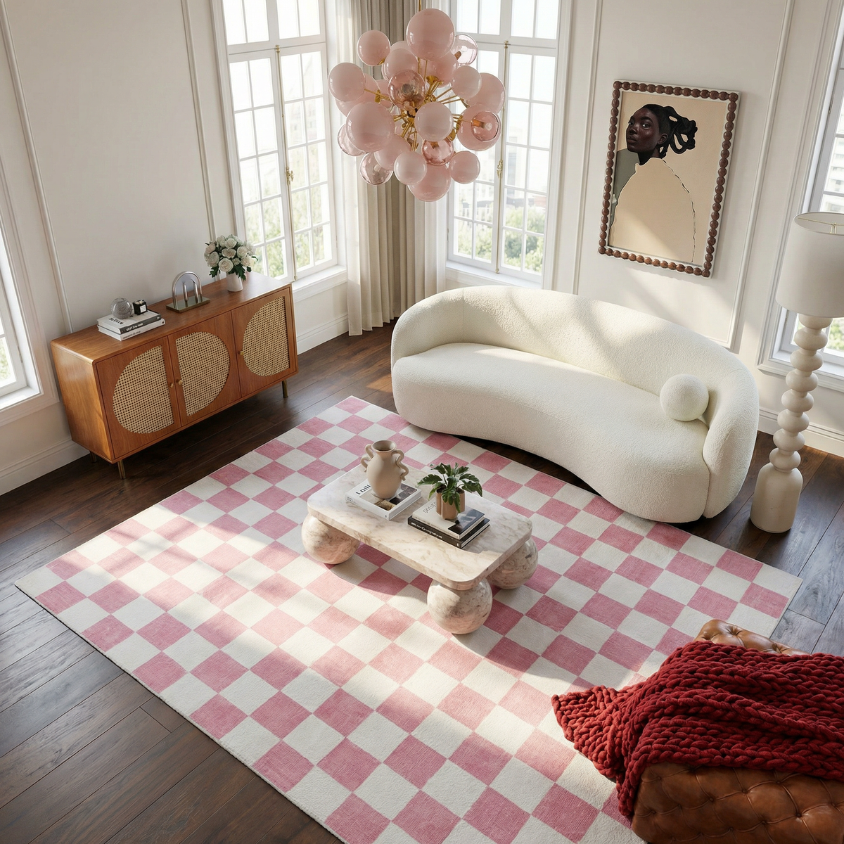 Alfombra de interior moderna a cuadros rosas y blancos Jaque