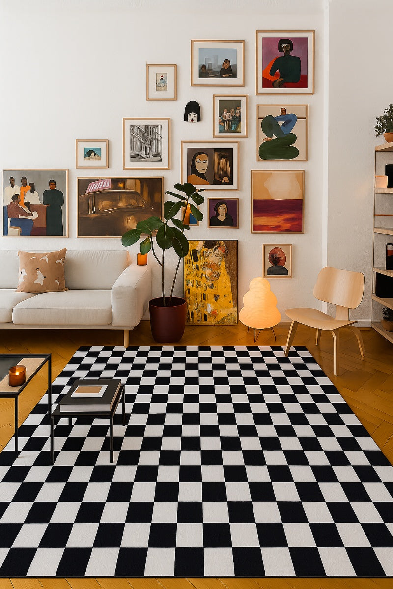 Metro Checkered Noir Black Area Rug