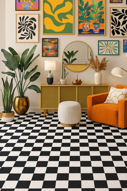 Metro Checkered Noir Black Area Rug