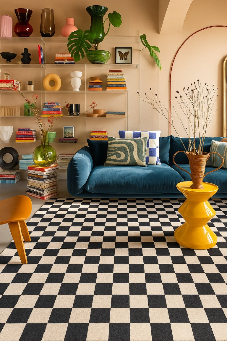 Metro Checkered Noir Black Area Rug