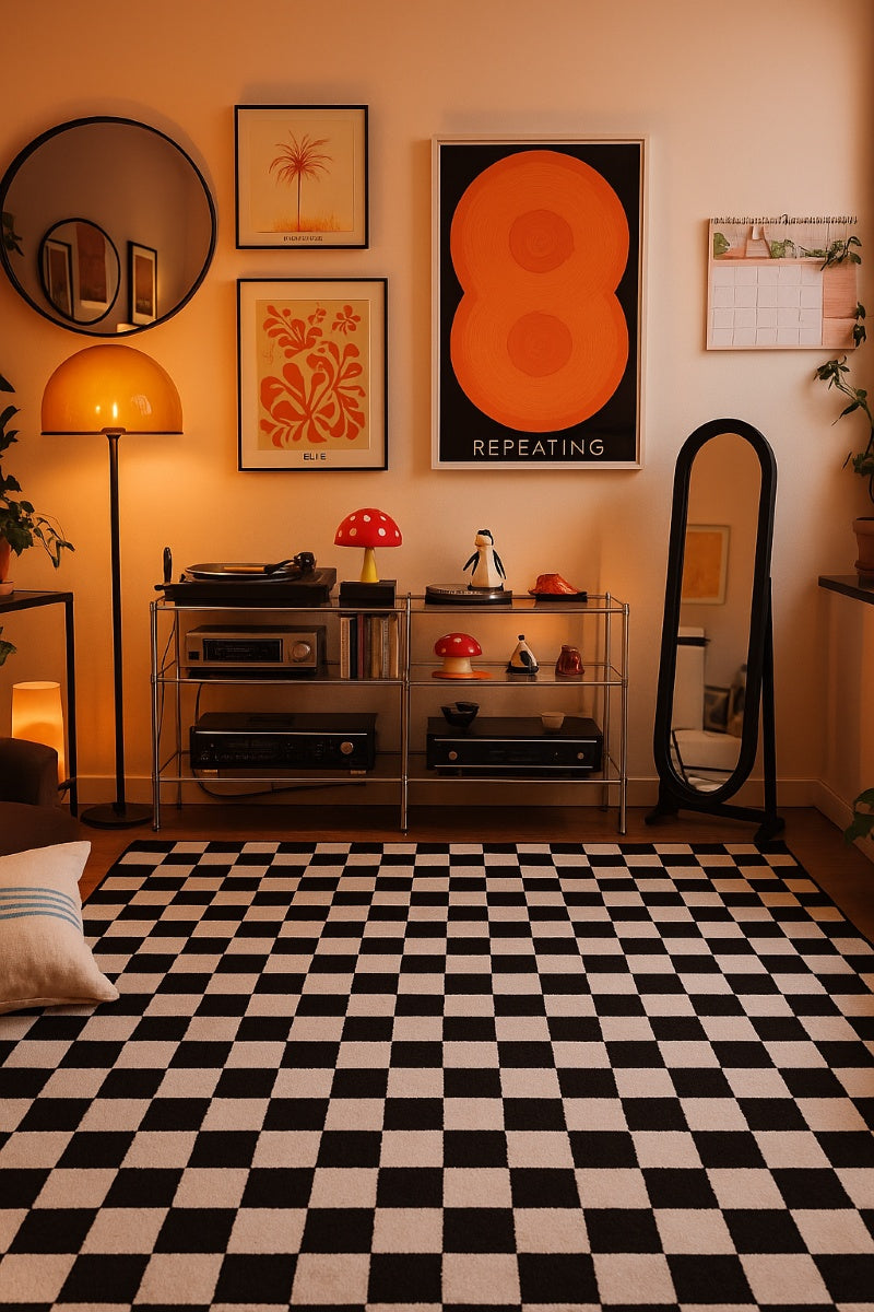 Metro Checkered Noir Black Area Rug