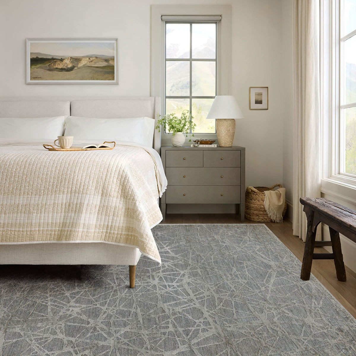 Vetra Abstract Web Contemporary Blue and Beige Indoor Rug