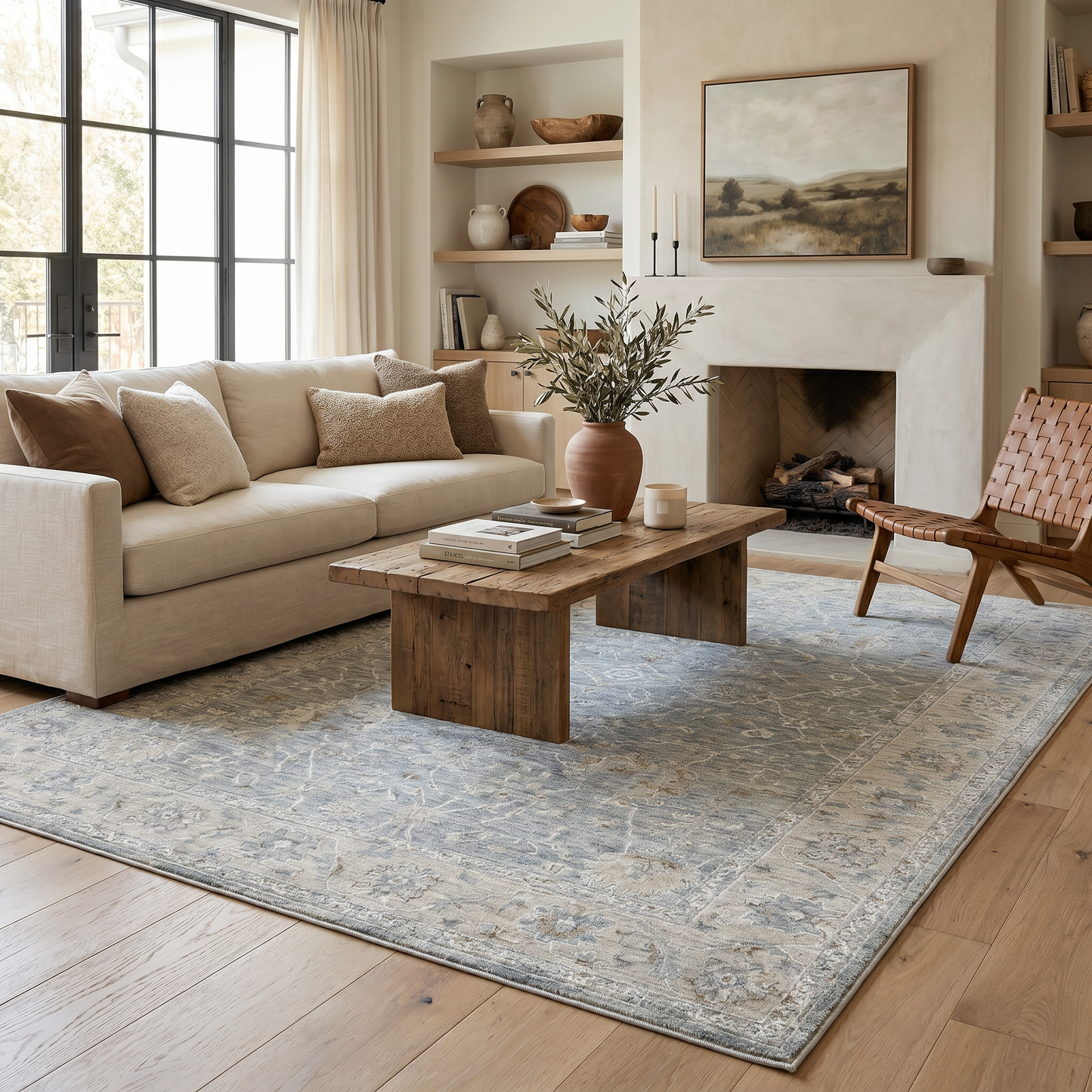 Safiya Floral Medallion Traditional Blue and Grey Indoor Rug
