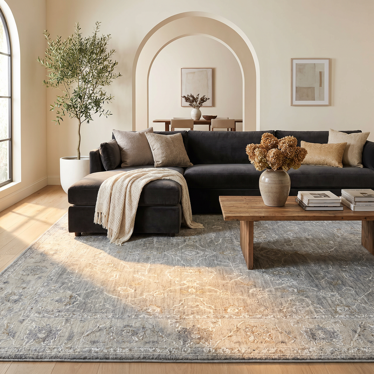 Safiya Floral Medallion Traditional Blue and Grey Indoor Rug