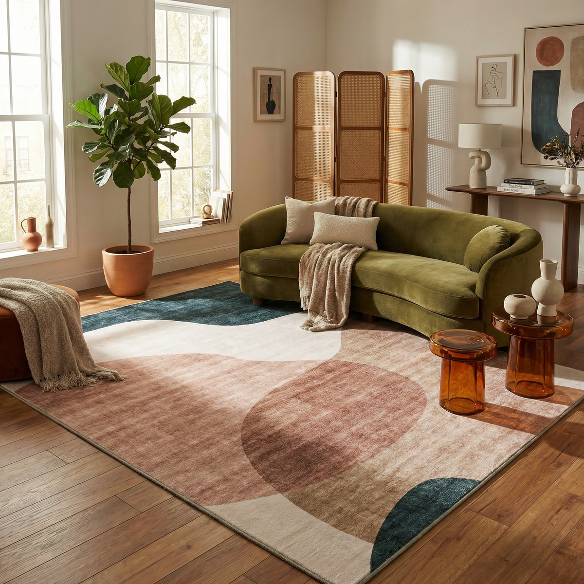 Calma Abstract Contemporary Cream and Green Indoor Rug