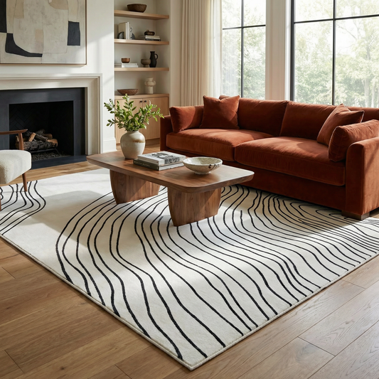 Nami Abstract Line Contemporary White and Black Indoor Rug
