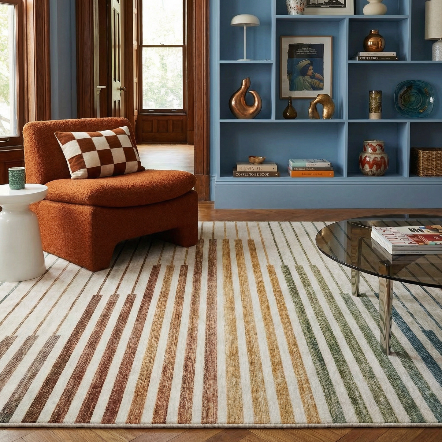Elias Abstract Striped Contemporary White and Beige Indoor Rug-2