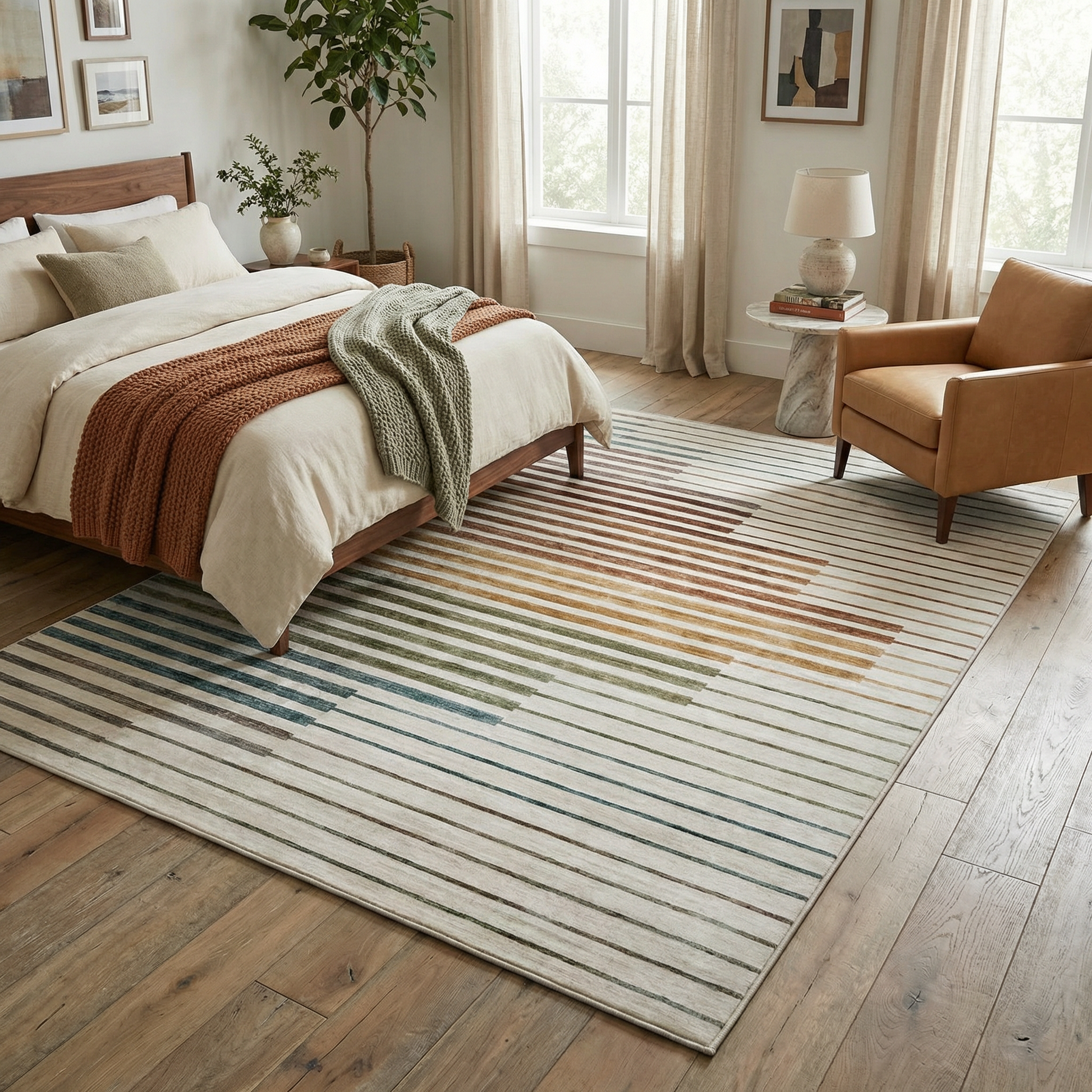 Elias Abstract Striped Contemporary White and Beige Indoor Rug-5