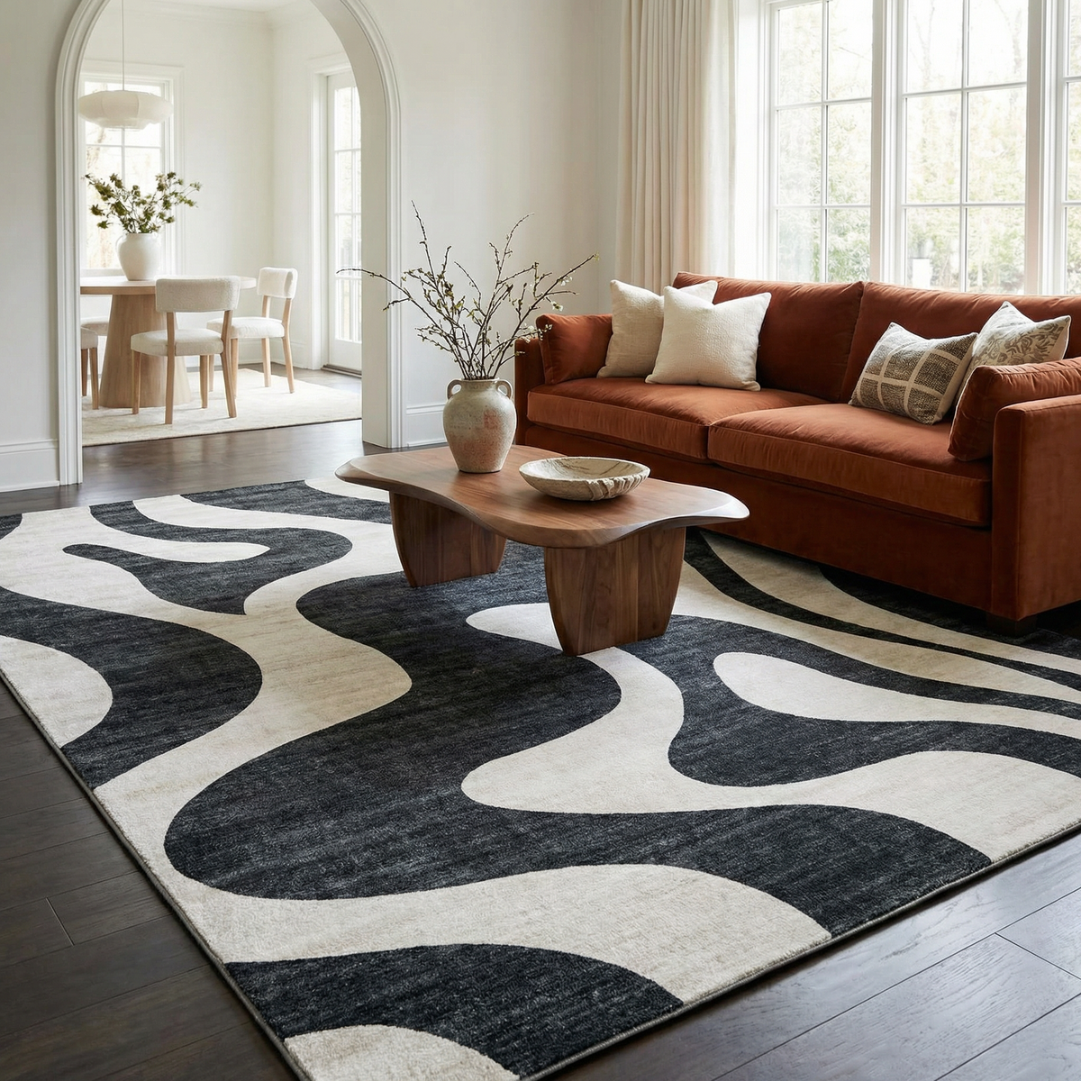Elliot Abstract Wave Contemporary Black and White Indoor Rug