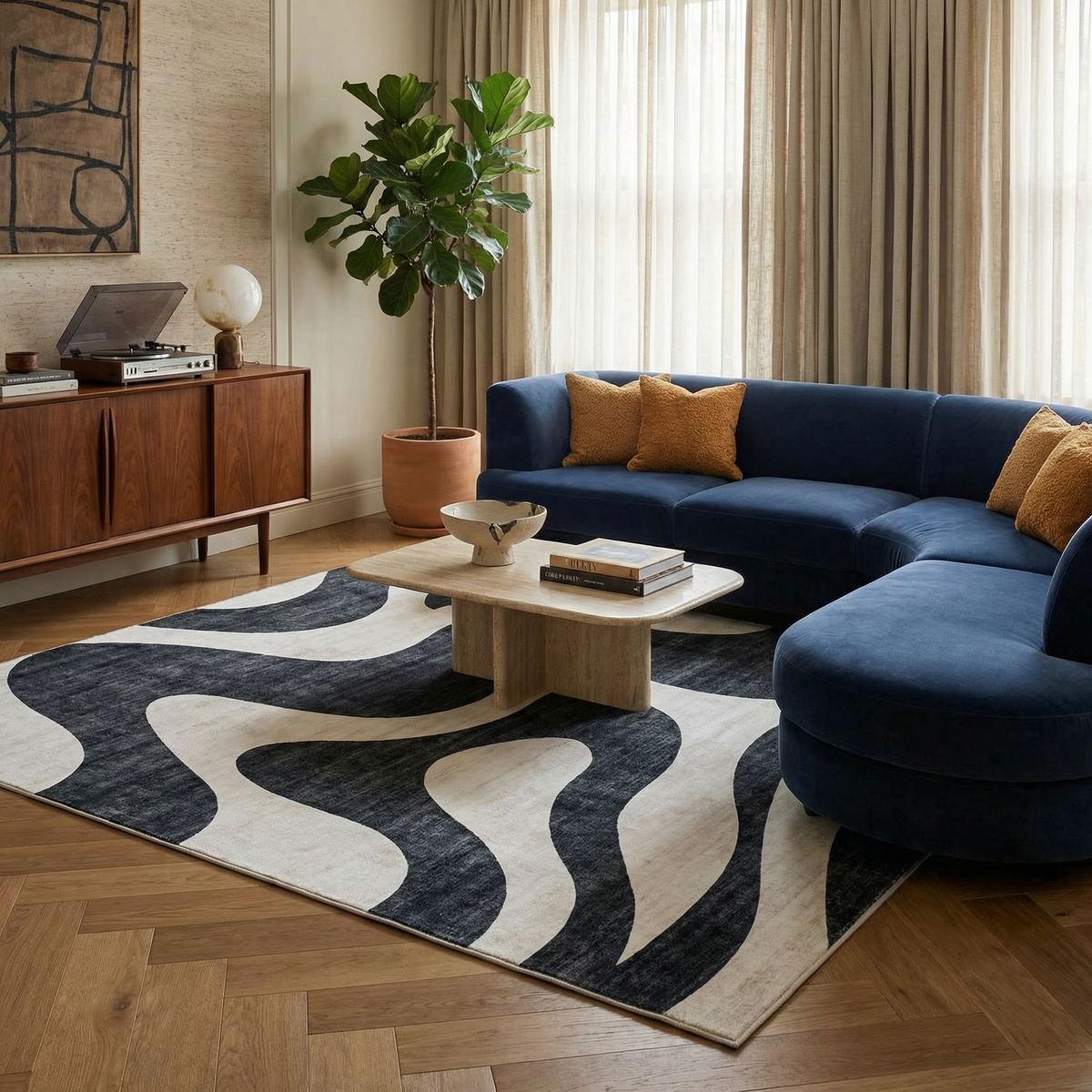 Elliot Abstract Wave Contemporary Black and White Indoor Rug