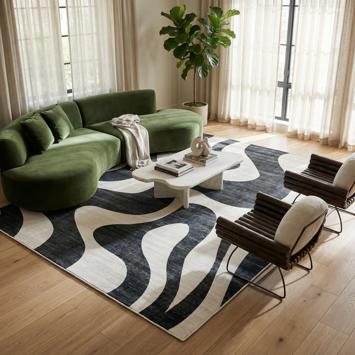 Elliot Abstract Wave Contemporary Black and White Indoor Rug