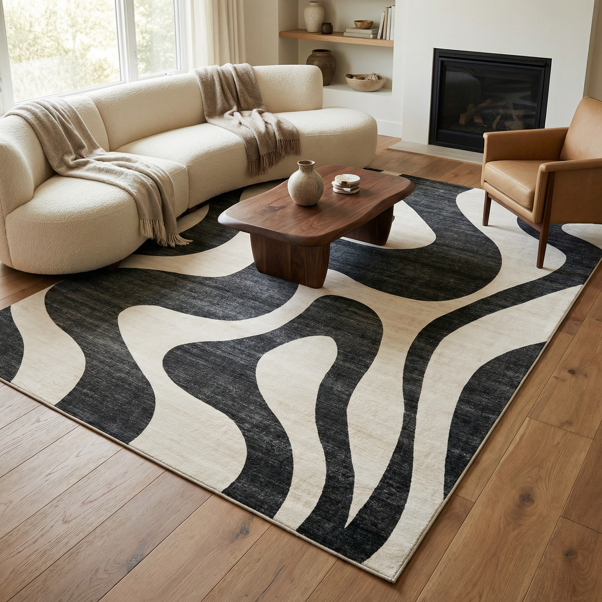 Elliot Abstract Wave Contemporary Black and White Indoor Rug
