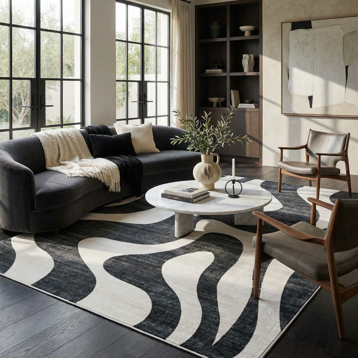 Elliot Abstract Wave Contemporary Black and White Indoor Rug