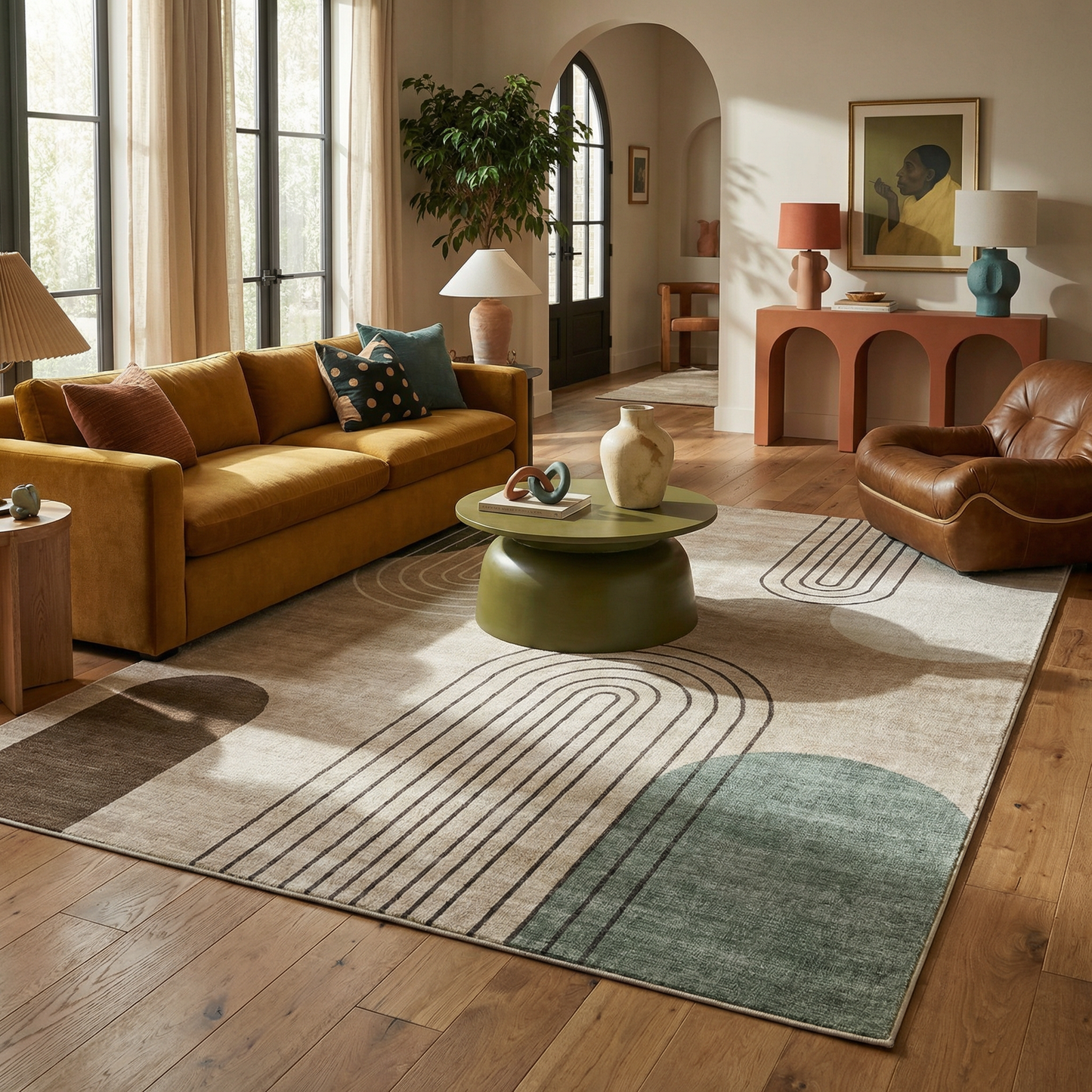 Arlo Abstract Mid-Century Modern Beige and Green Indoor Rug