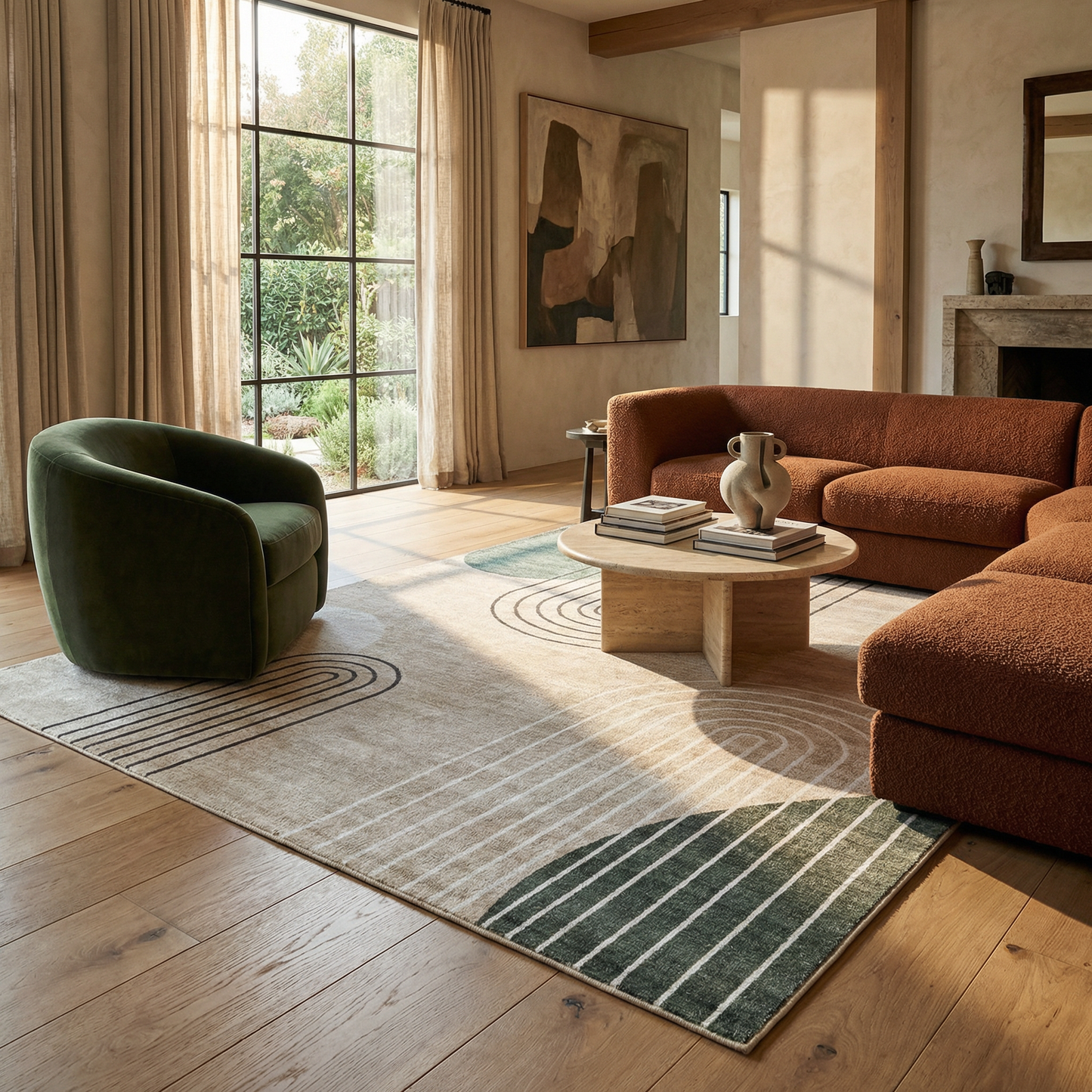 Arlo Abstract Mid-Century Modern Beige and Green Indoor Rug