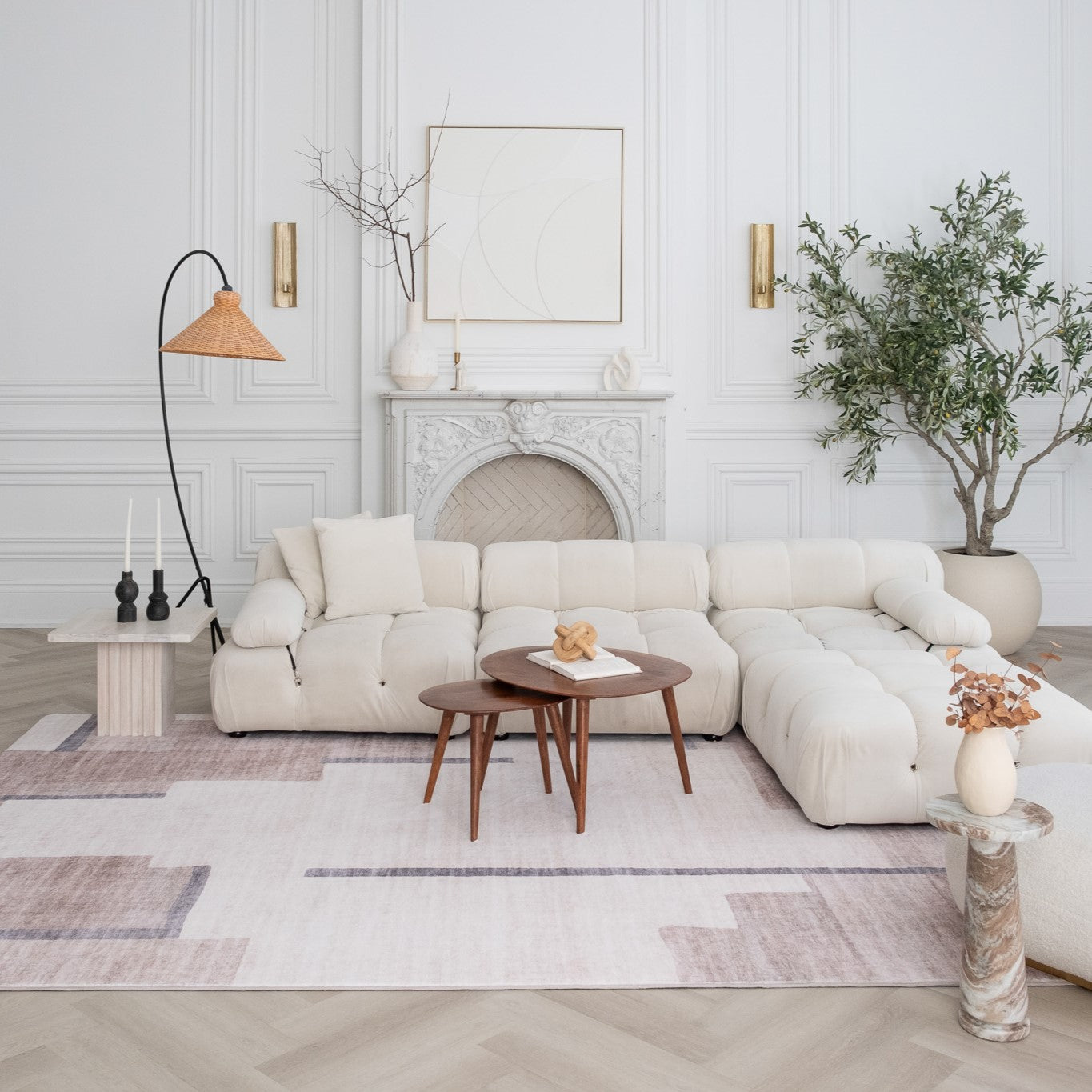 Tapis beige géométrique moderne du milieu du siècle Eclipse
