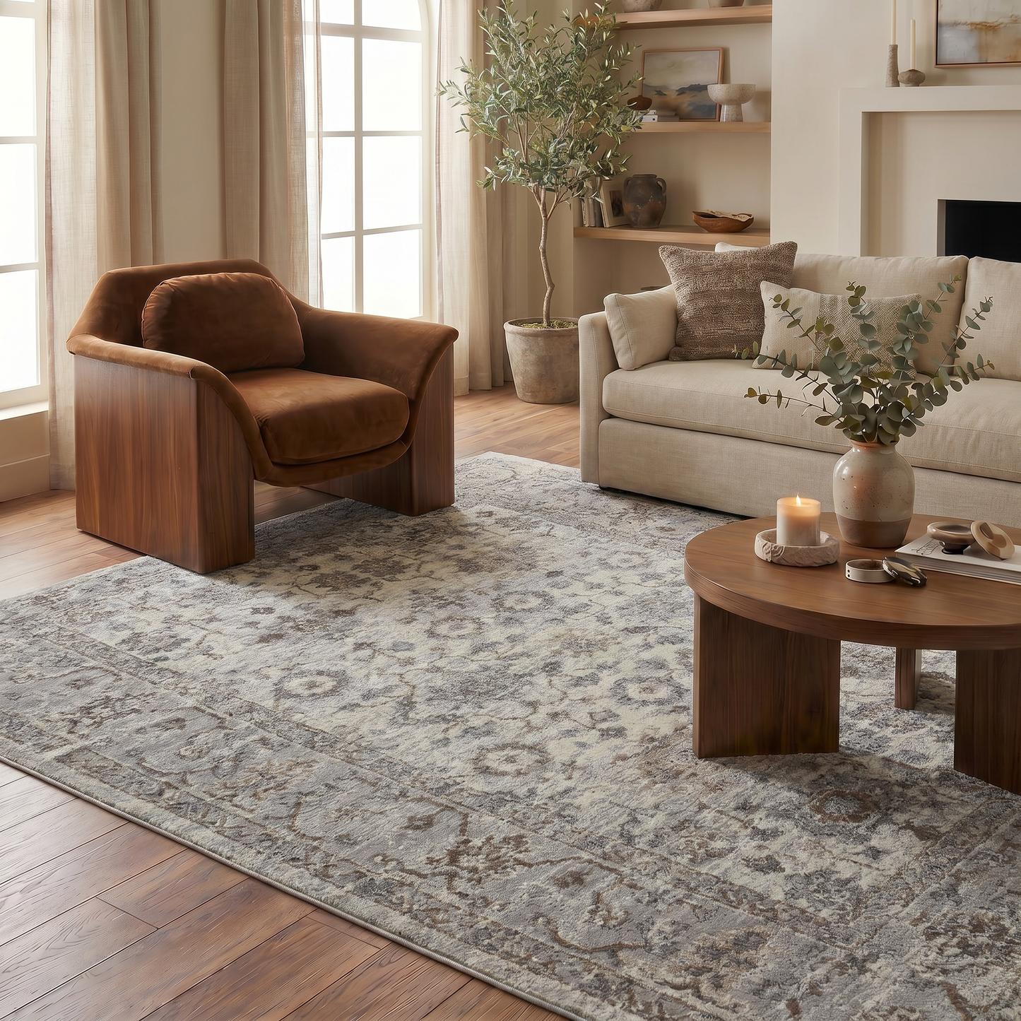 Hala Oriental Floral Traditional Grey and Brown Indoor Rug