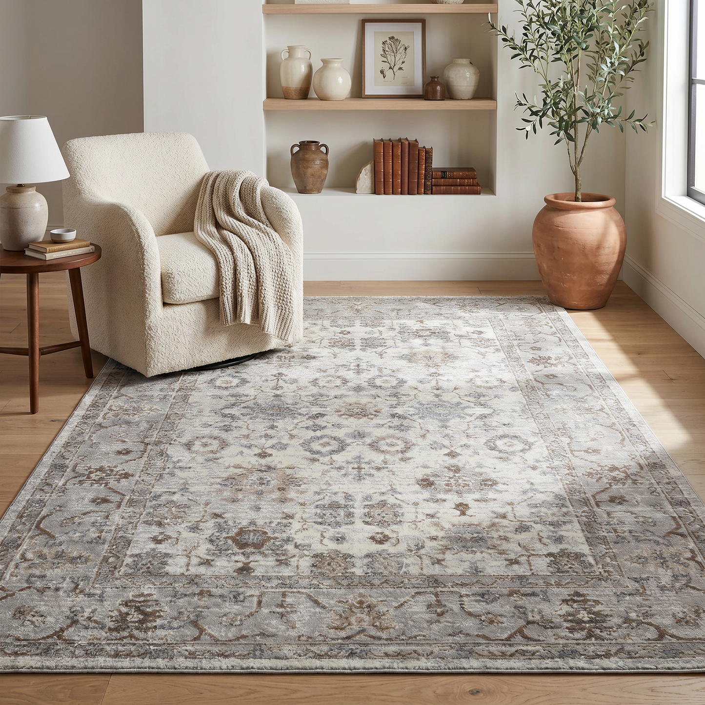 Hala Oriental Floral Traditional Grey and Brown Indoor Rug