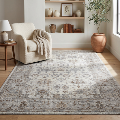 Hala Oriental Floral Traditional Grey and Brown Indoor Rug