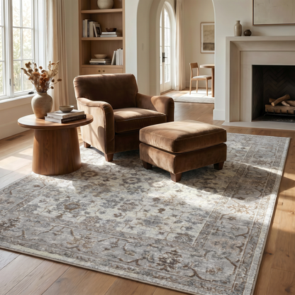 Hala Oriental Floral Traditional Grey and Brown Indoor Rug
