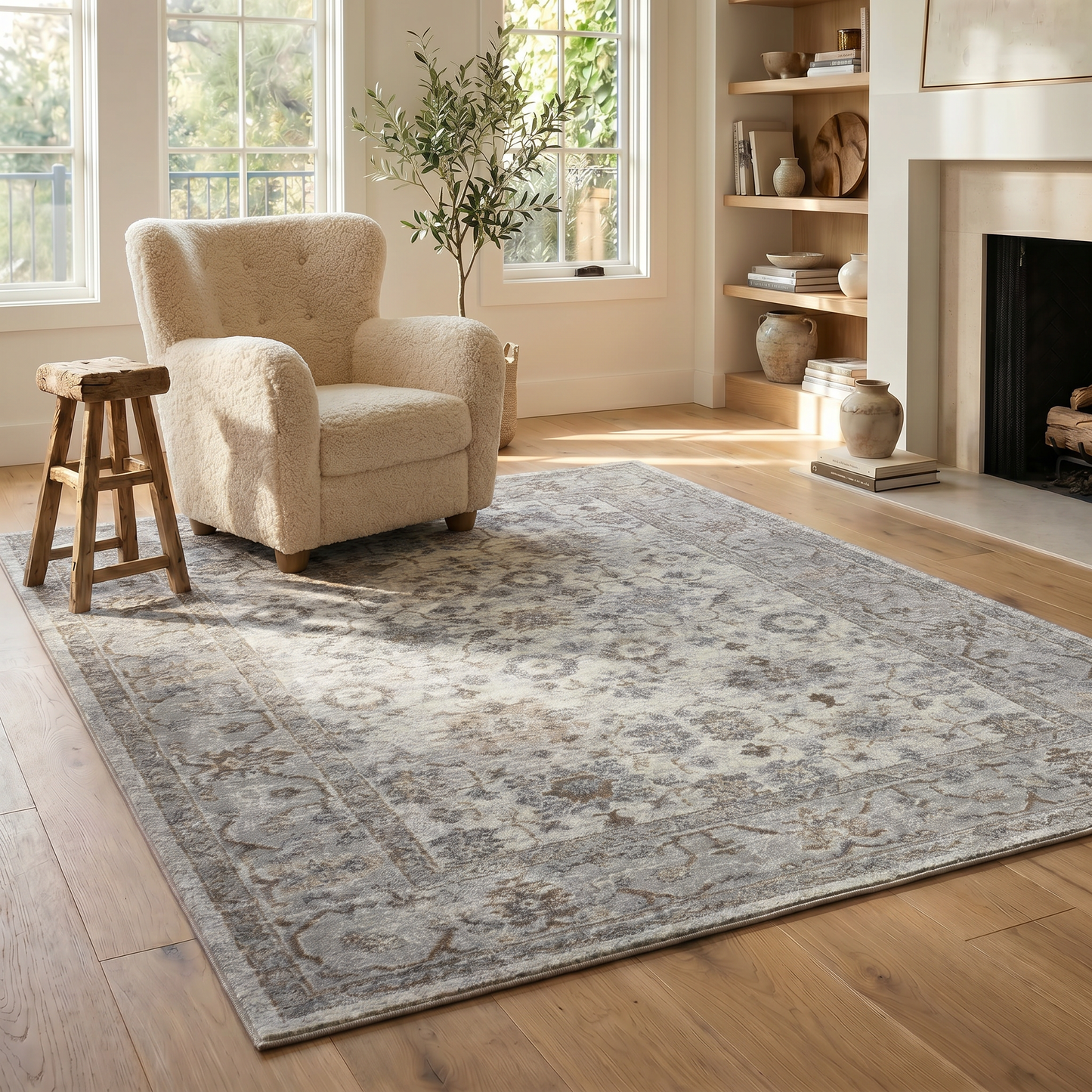 Hala Oriental Floral Traditional Grey and Brown Indoor Rug