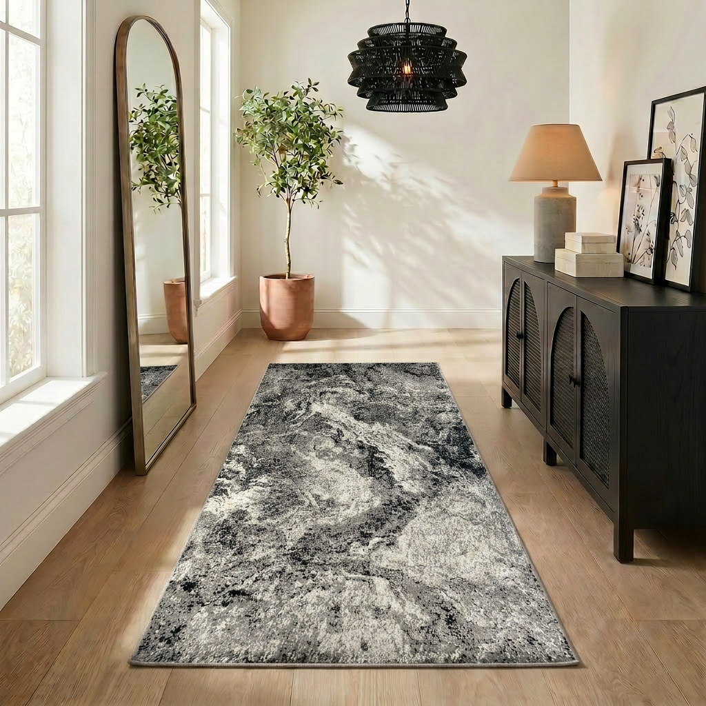 Micah Abstract Marble Contemporary Grey and Black Indoor Rug