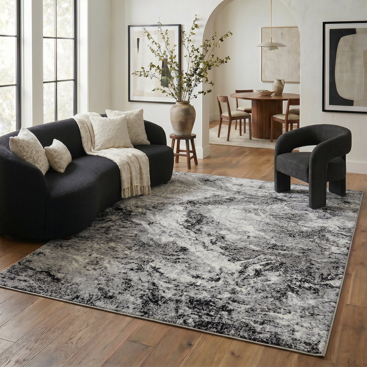 Micah Abstract Marble Contemporary Grey and Black Indoor Rug